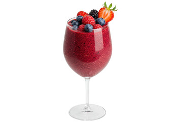 Berry smoothie in wine glass isolated, refreshing summer drink with strawberry, raspberry, blueberry and blackberry on no background