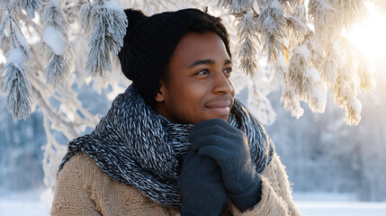 A young man smiles in a snowy winter forest. A guy walks outside in a park. Portrait of a man in the fresh air in winter. An active lifestyle in winter during vacation or holidays.