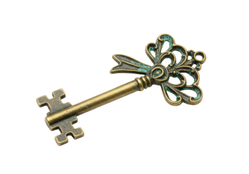 Ornate antique key PNG isolated on transparent background, vintage style golden skeleton key for design and decoration - Powered by Adobe