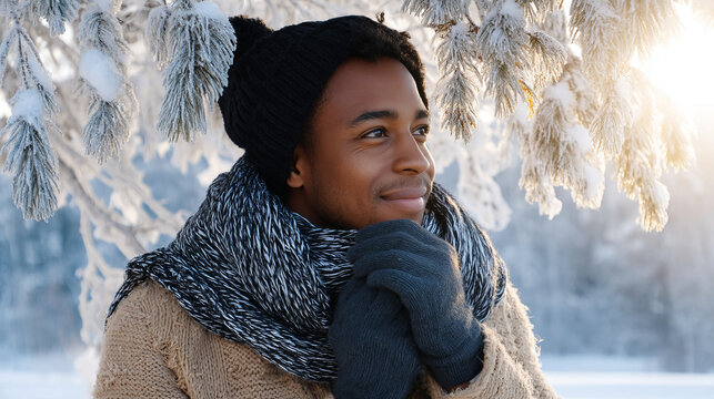 A young man smiles in a snowy winter forest. A guy walks outside in a park. Portrait of a man in the fresh air in winter. An active lifestyle in winter during vacation or holidays.