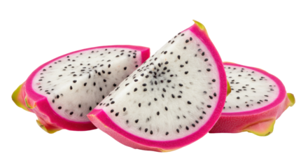 Dragon fruit slices isolated, vibrant pink and green tropical fruit with white flesh and black seeds on a transparent background