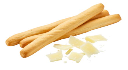 Golden grissini breadsticks with parmesan cheese isolated, crunchy Italian snack food on transparent background
