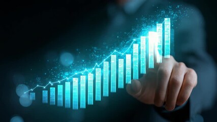 Businessman illustrating digital financial growth with futuristic graphs - Powered by Adobe