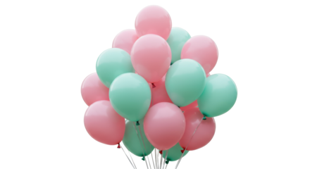 Pastel balloons PNG isolated on transparent background, bunch of pink and mint green balloons for party decoration and celebration