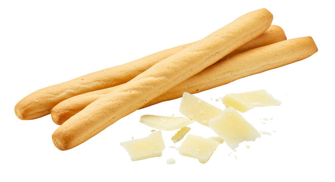 Golden grissini breadsticks with parmesan cheese isolated, crunchy Italian snack food on transparent background