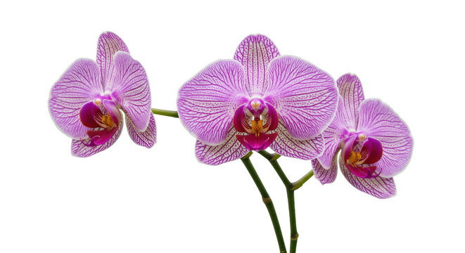 Striking purple Phalaenopsis orchid flowers isolated, delicate striped petals and vibrant colors on no background, floral beauty for design projects
