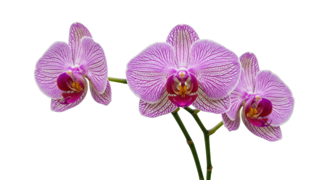Striking purple Phalaenopsis orchid flowers isolated, delicate striped petals and vibrant colors on no background, floral beauty for design projects