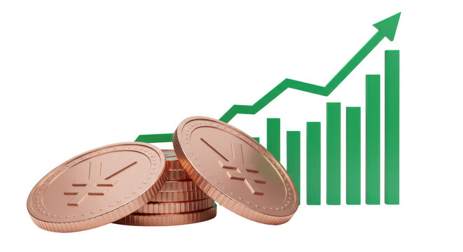 Rising Yen coins with green graph isolated, financial growth concept for business and investment in Japan, currency symbol on transparent background - Powered by Adobe