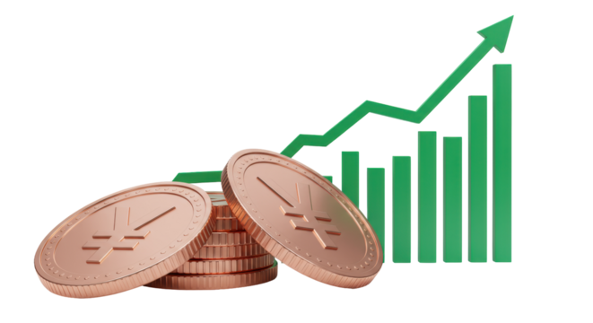Rising Yen coins with green graph isolated, financial growth concept for business and investment in Japan, currency symbol on transparent background - Powered by Adobe