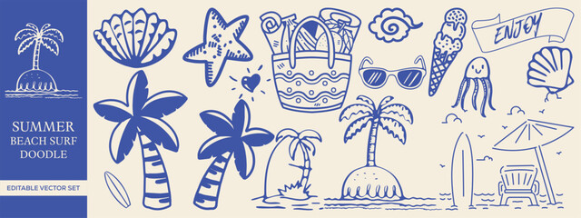 Editable Summer Beach & Surf Doodle Vector Set for Creative Projects
