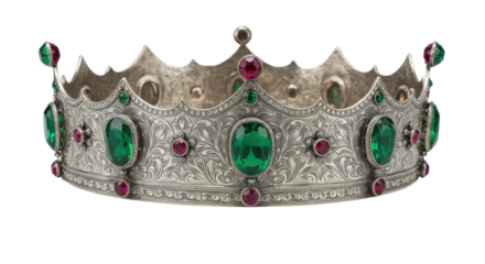 Silver crown with green and red gemstones isolated on transparent background, royal jewelry for fantasy and historical themes
