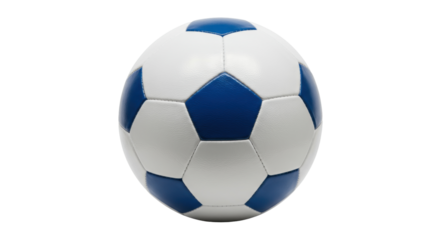 Blue and white soccer ball isolated on transparent background, classic football equipment for sports and recreation