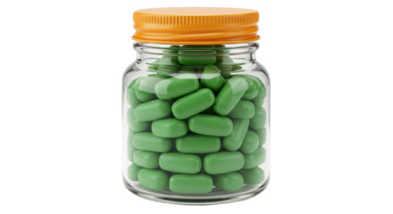 Glass jar full of green candies isolated on transparent background, sweet treats for kids and adults in PNG format