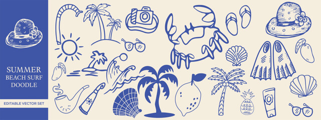 Editable Summer Beach Surf Doodle Vector Set with Tropical Vacation Elements