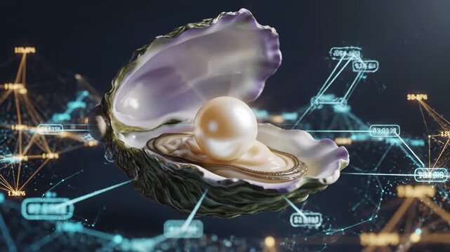 Oyster Pearl Data Network - This video shows a lustrous pearl nestled within an oyster shell, surrounded by a complex network of data points and lines.