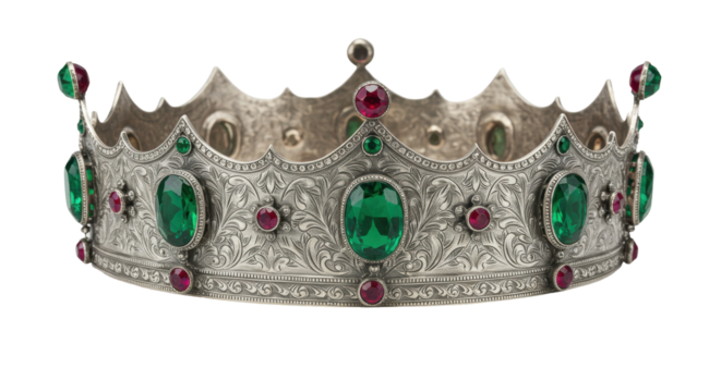 Silver crown with green and red gemstones isolated on transparent background, royal jewelry for fantasy and historical themes