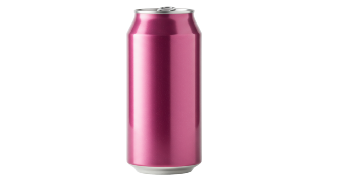 Tall pink aluminum can isolated on white, blank slim soda or beer container for branding and product mockups