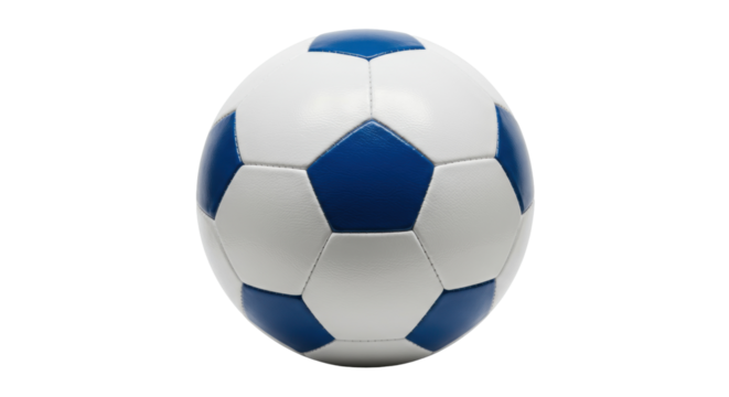 Blue and white soccer ball isolated on transparent background, classic football equipment for sports and recreation