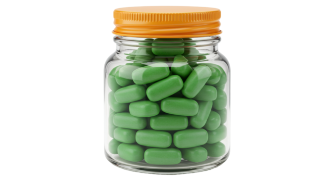 Glass jar full of green candies isolated on transparent background, sweet treats for kids and adults in PNG format