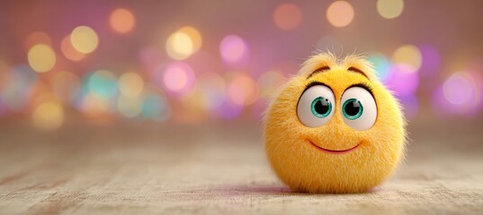 Naklejka premium Adorable 3D Yellow Emoji Character with Big Expressive Eyes on a Blurred Background for Text Use