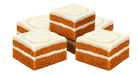 Delicious carrot cake squares with cream cheese frosting isolated on white, sweet dessert for party or celebration PNG