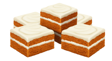 Delicious carrot cake squares with cream cheese frosting isolated on white, sweet dessert for party or celebration PNG