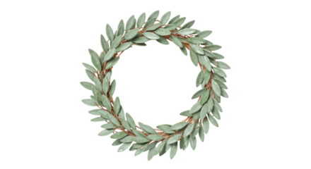 Sage green leaf wreath PNG isolated on transparent background, decorative foliage circle for festive design