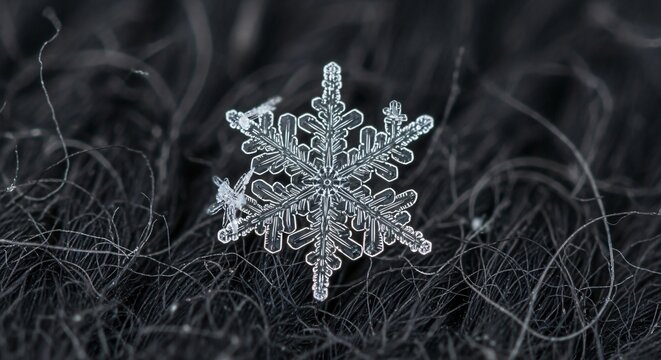 An extreme closeup of a delicate, intricate snowflake resting on a dark, textured surface, showcasing its unique crystalline structure and winter beauty - Powered by Adobe