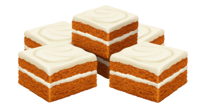 Delicious carrot cake squares with cream cheese frosting isolated on white, sweet dessert for party or celebration PNG