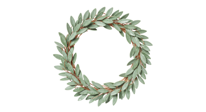 Sage green leaf wreath PNG isolated on transparent background, decorative foliage circle for festive design