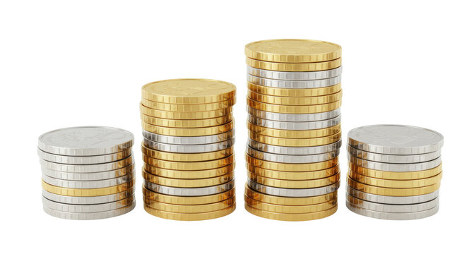 Stacks of two euro coins isolated on transparent background, financial growth and investment concept for business and personal finance