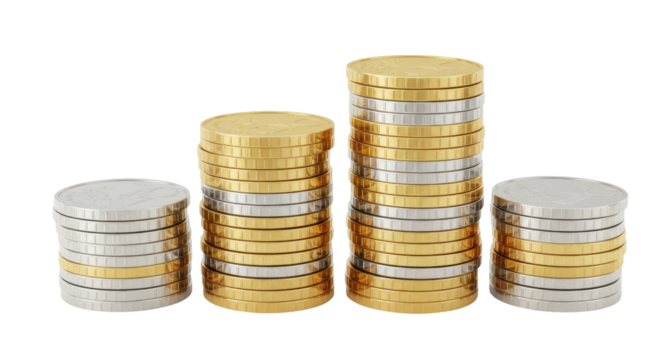 Stacks of two euro coins isolated on transparent background, financial growth and investment concept for business and personal finance