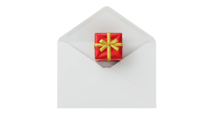 Red gift box with golden ribbon inside a white envelope isolated, present for special occasion on transparent background