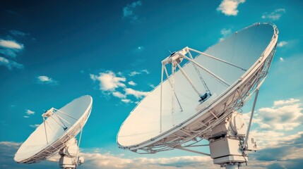 Two large satellite dishes point skyward under a bright, partly cloudy day