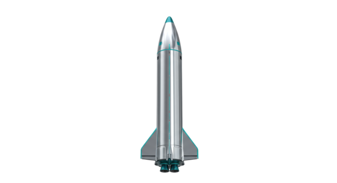 Silver space rocket isolated PNG, futuristic spacecraft with teal accents on transparent background for science and technology concepts