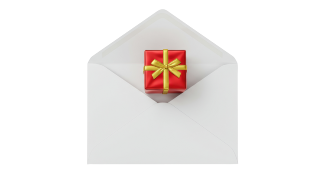 Red gift box with golden ribbon inside a white envelope isolated, present for special occasion on transparent background