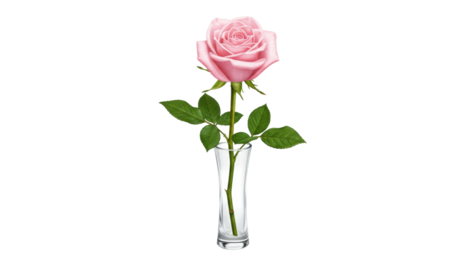 Elegant pink rose in a glass vase isolated PNG, single flower with stem and leaves on transparent background for romantic design