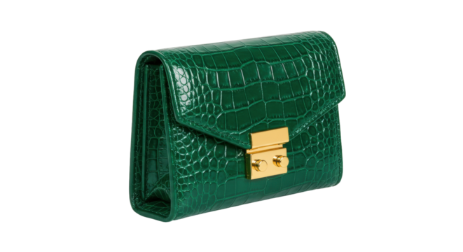 Emerald green crocodile embossed leather handbag isolated, luxury fashion accessory for women and girls on the go, stylish and trendy