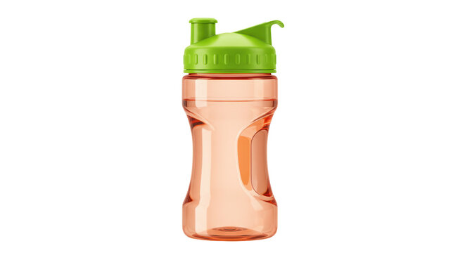 Reusable peach water bottle with green cap isolated, healthy hydration container for sports and fitness on no background