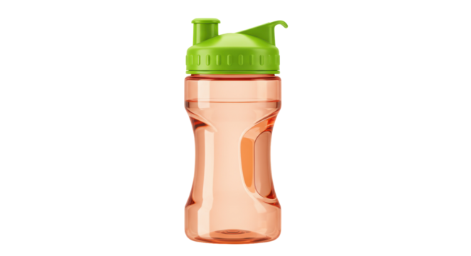 Reusable peach water bottle with green cap isolated, healthy hydration container for sports and fitness on no background