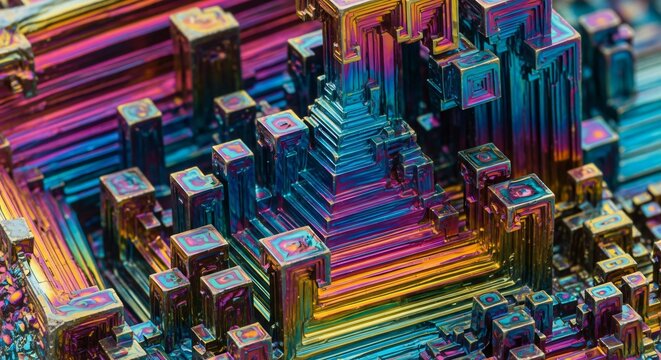 Closeup macro shot of a bismuth crystal structure with iridescent, rainbowlike colors and geometric cubic formations