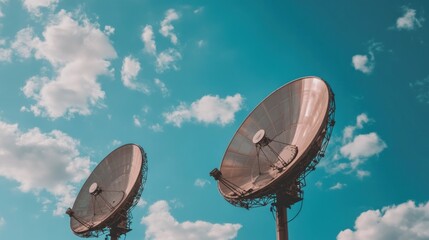 Two satellite dishes face up against blue sky dotted with fluffy white clouds
