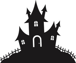 Haunted house silhouette on hill, spooky Halloween building with crooked towers and fence, eerie horror artwork, cad drawing flat vector illustration
