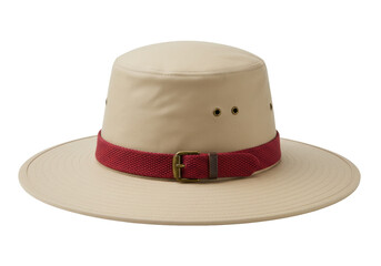Khaki safari hat with red band isolated on white, sun protection headwear for outdoor adventures and travel