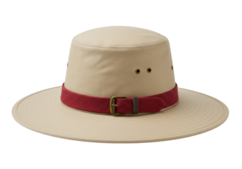 Khaki safari hat with red band isolated on white, sun protection headwear for outdoor adventures and travel