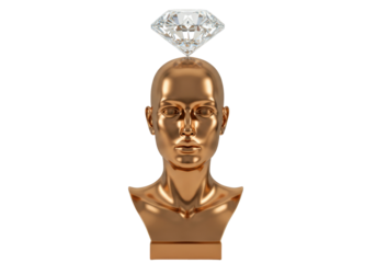 Golden head bust with diamond isolated on transparent background, luxury concept for wealth and success in PNG format