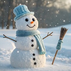 A cheerful snowman wearing a blue hat and scarf waves amid softly falling snow. Surrounded by a snowy winter landscape, it radiates warmth, friendliness, and festive winter charm in a soft, dreamy atm