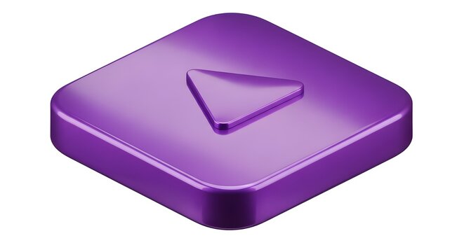 Glossy, purple play button with a white arrow, surrounded by a circular border against a black background