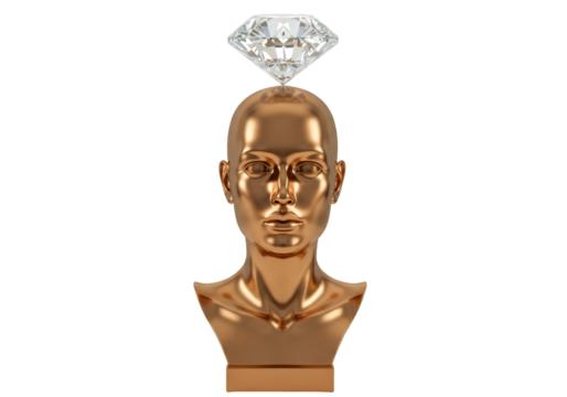 Golden head bust with diamond isolated on transparent background, luxury concept for wealth and success in PNG format