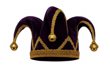 Jester hat with bells, purple velvet and gold trim, symbolizing carnival, comedy, medieval entertainment